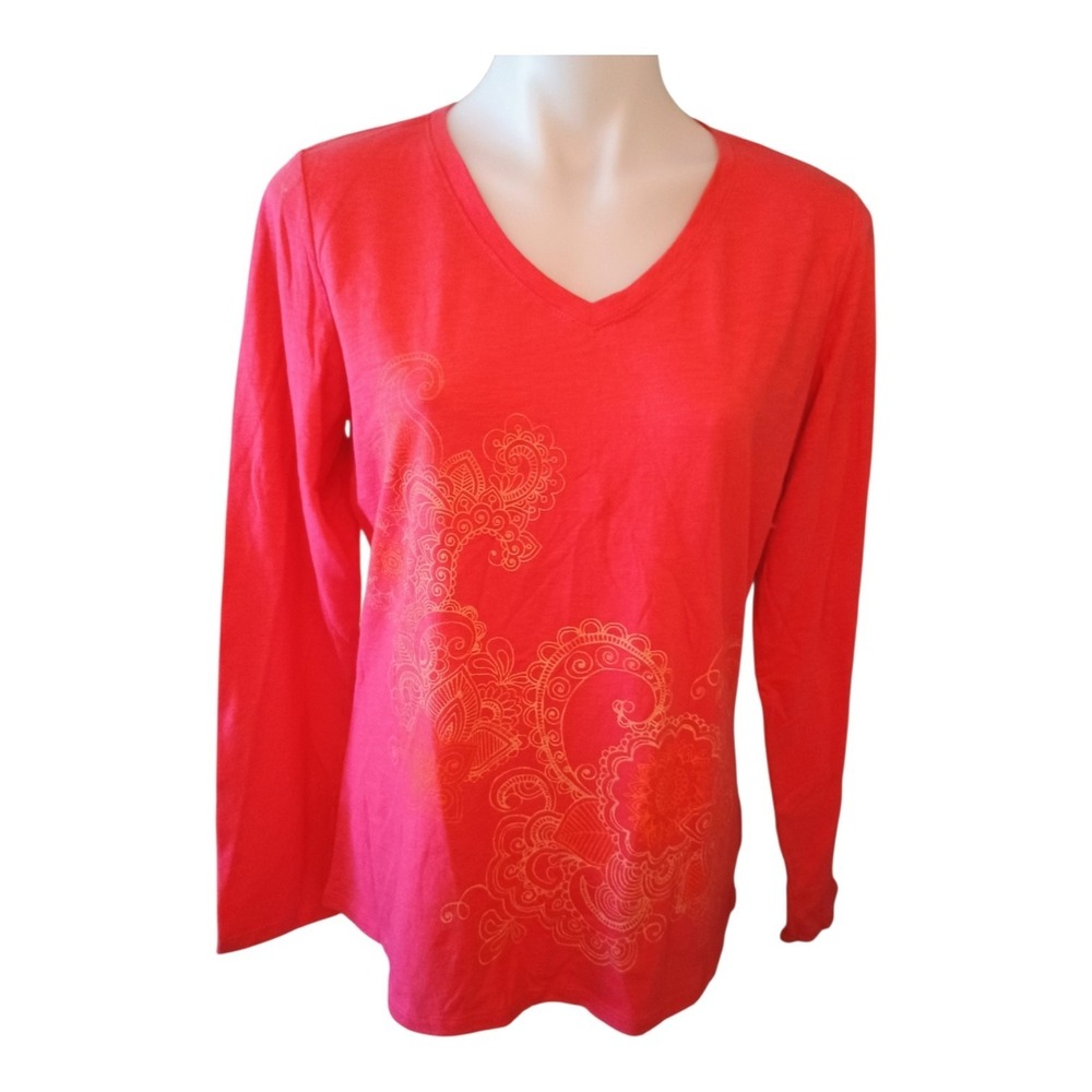 Made For Life Womens Large Pink Coral Tonal Paisley Print Long Sleeve V-neck Tee